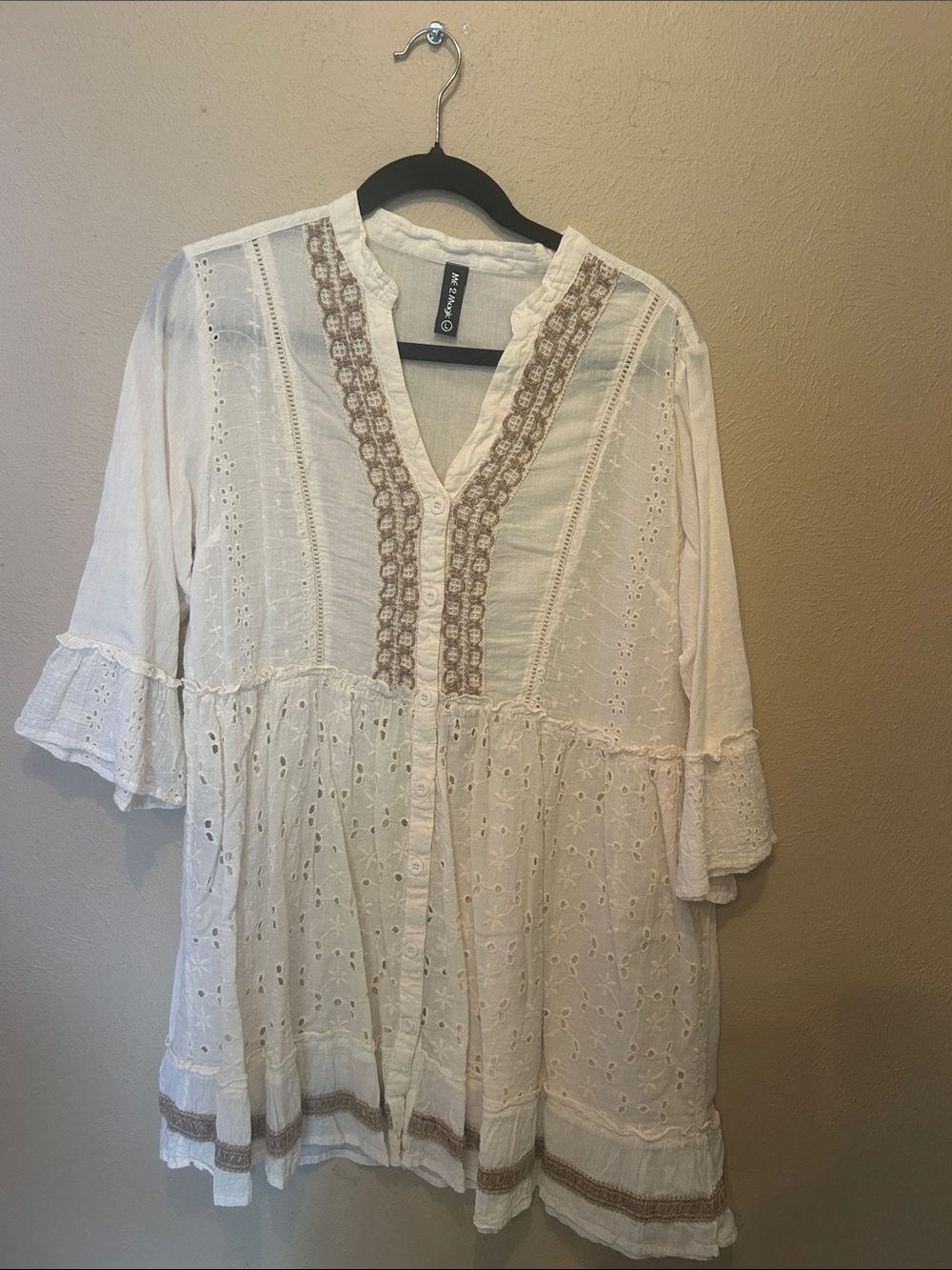 Lightweight White Eyelet Swim Coverup with Tan Lace Trim